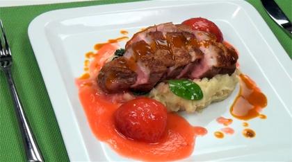 Duck breast with plum sauce, spinach and mashed potatoes with vanilla